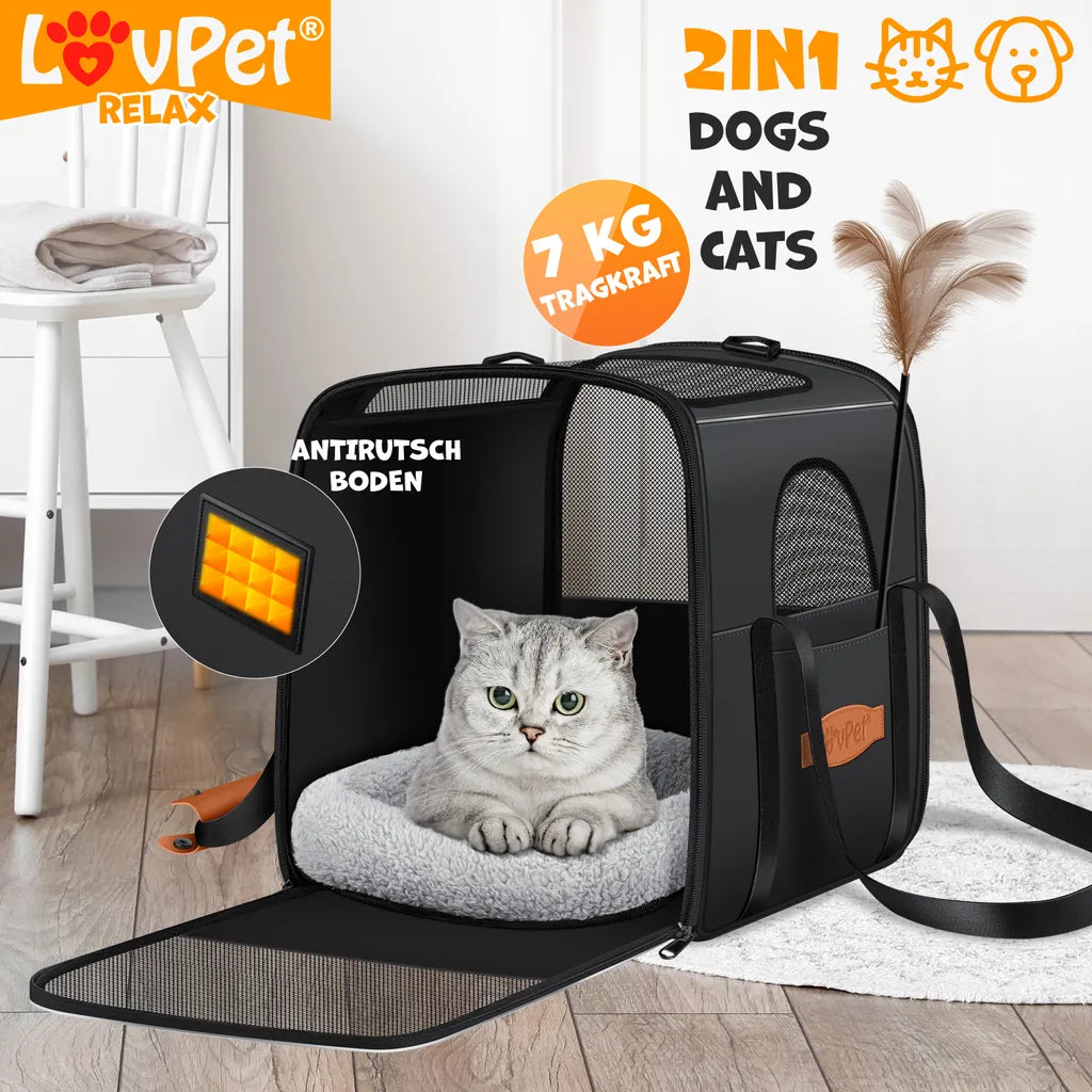  LOVPET® Hundebox Hundetasche Transportbox 2in1 Hunde & Katzentasche Hundetransportbox Inkl. Pet-Kissen + 3x Beutelrollen + Napf 44x31x36xm Transporttasche Für Haustiere, Haustiertransportbox, Farbe:Anthrazit