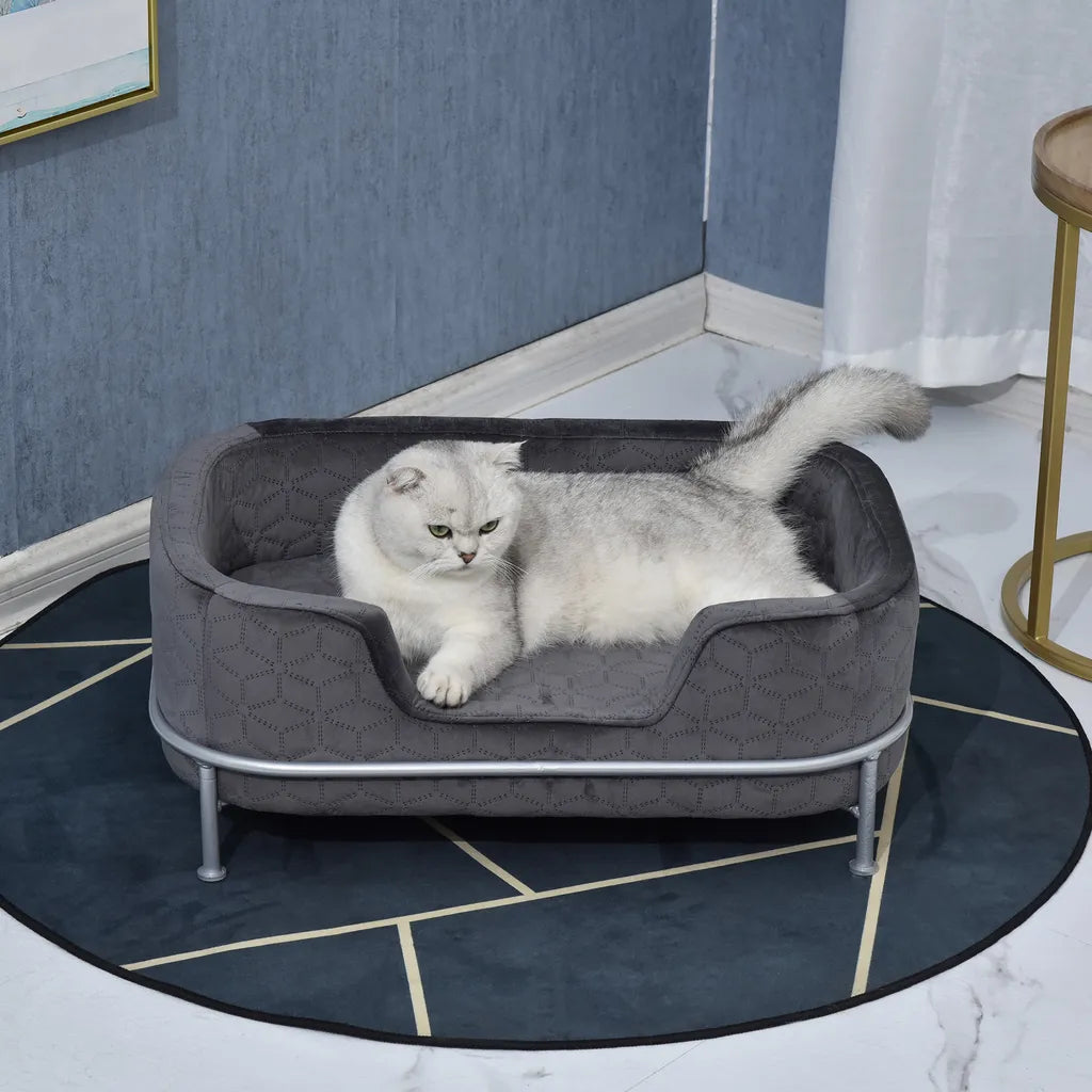  PawHut Hundesofa Mit Rückenlehne Haustiersofa Mit Metallbeinen Hundebett Weichem Bezug Katzensofa Metall Grau+Silber 63,5 X 43 X 24,5 Cm