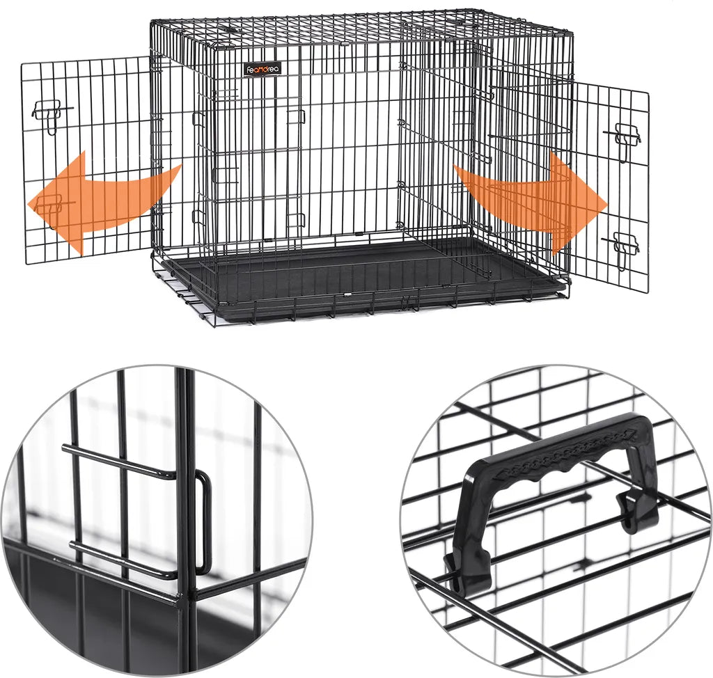  FEANDREA Hundebox Mit 2 Türen 122 X 74,5 X 80,5 Cm Hundekäfig Zusammenklappbar Schwarz PPD48BK