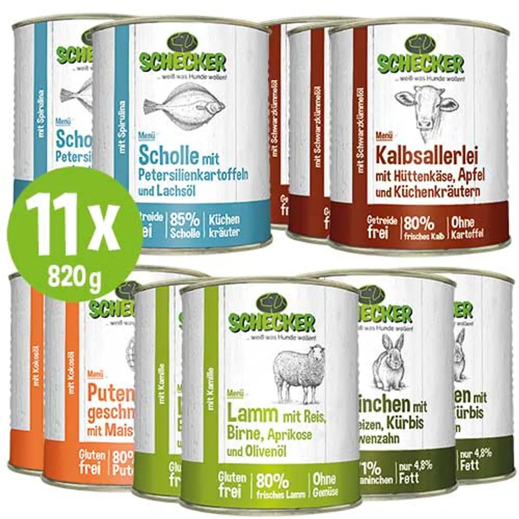  Schecker Hundemenü Nassfutter Dosen 820g (11-er 820g) Hundefutter Mehrpack
