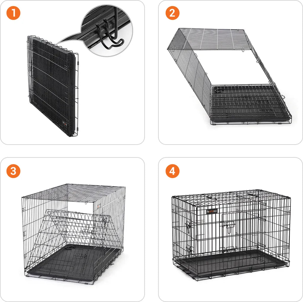  FEANDREA Hundebox Mit 2 Türen 122 X 74,5 X 80,5 Cm Hundekäfig Zusammenklappbar Schwarz PPD48BK