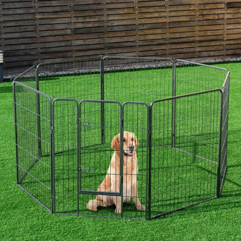  COSTWAY 8-teiliger Welpenlaufstall Welpenzaun Welpenkaefig Tier Laufgitter Hundegehege Absperrgitter Mit Abschliessbarer Tuer, Fuer Hund, Katze Und Kaninchen, Schwarz