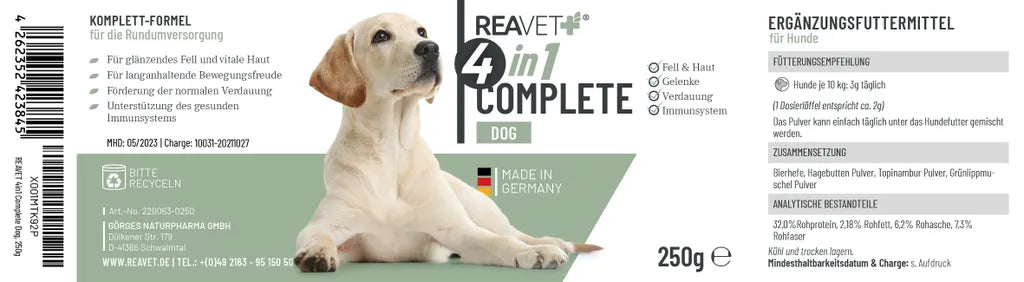  REAVET 4in1 Complete Für Hunde 250g - Natürliche Vitamine Und Nährstoffe Für Schönes Fell & Haut, Gelenke, Magen & Darm, Immunsystem Stärken, Nahrungsergänzung Hund