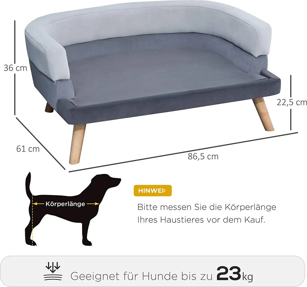  PawHut Hundesofa Mit Rückenlehne, Haustiersofa Mit Holzbeinen, Hundebett Weichem Bezug Katzensofa Grau 86,5x 61x36 Cm