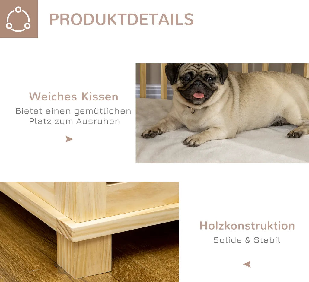 Pawhut Hundekäfig, Tierkäfig Aus Holz, Haustierkäfig Für Mittelgroße Hunde, Hundehütte Mit Kissen, Hundebox, Indoor, Naturholz+Cremeweiß, 82,5 X 57 X 72 Cm