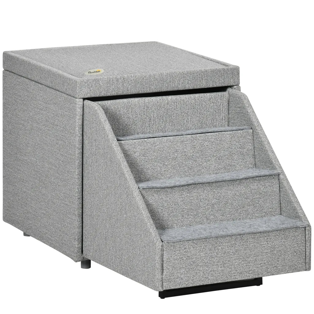  PawHut Hundetreppe 2 In 1, 4 Stufige Katzentreppe, Haustiertreppe Mit Stauraum, Hocker, Tiertreppe, Haustierrampe, Für Sofa, Bett, Polyester, Hellgrau, 84 X 45 X 49 Cm