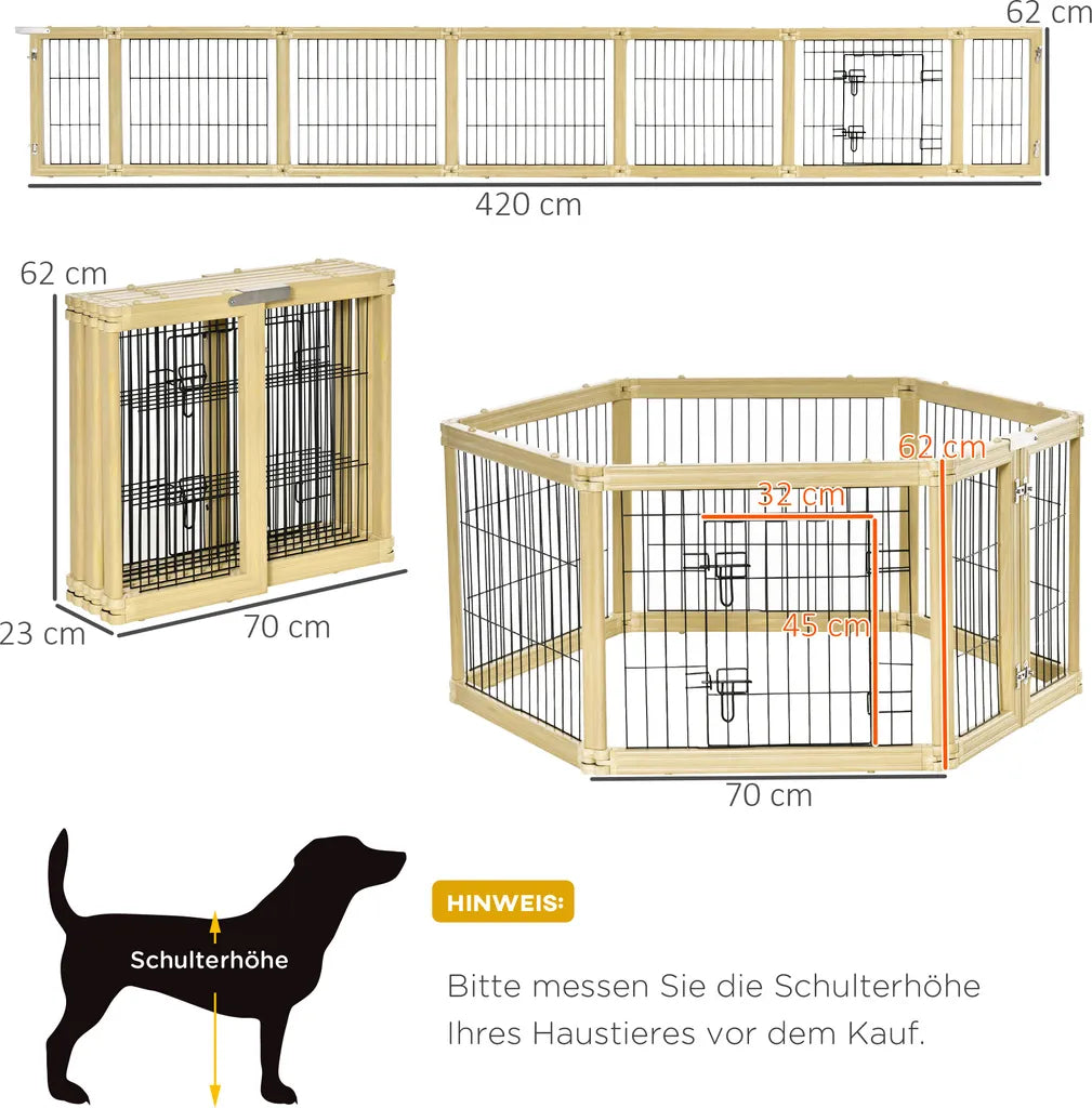  Pawhut Freigehege 6 Stücke Schutzgitter DIY-Laufstall Welpenauslauf Freilaufgehege Mit Tür Für Kleine Hunde Klappbar Naturholz 420 X 62 Cm