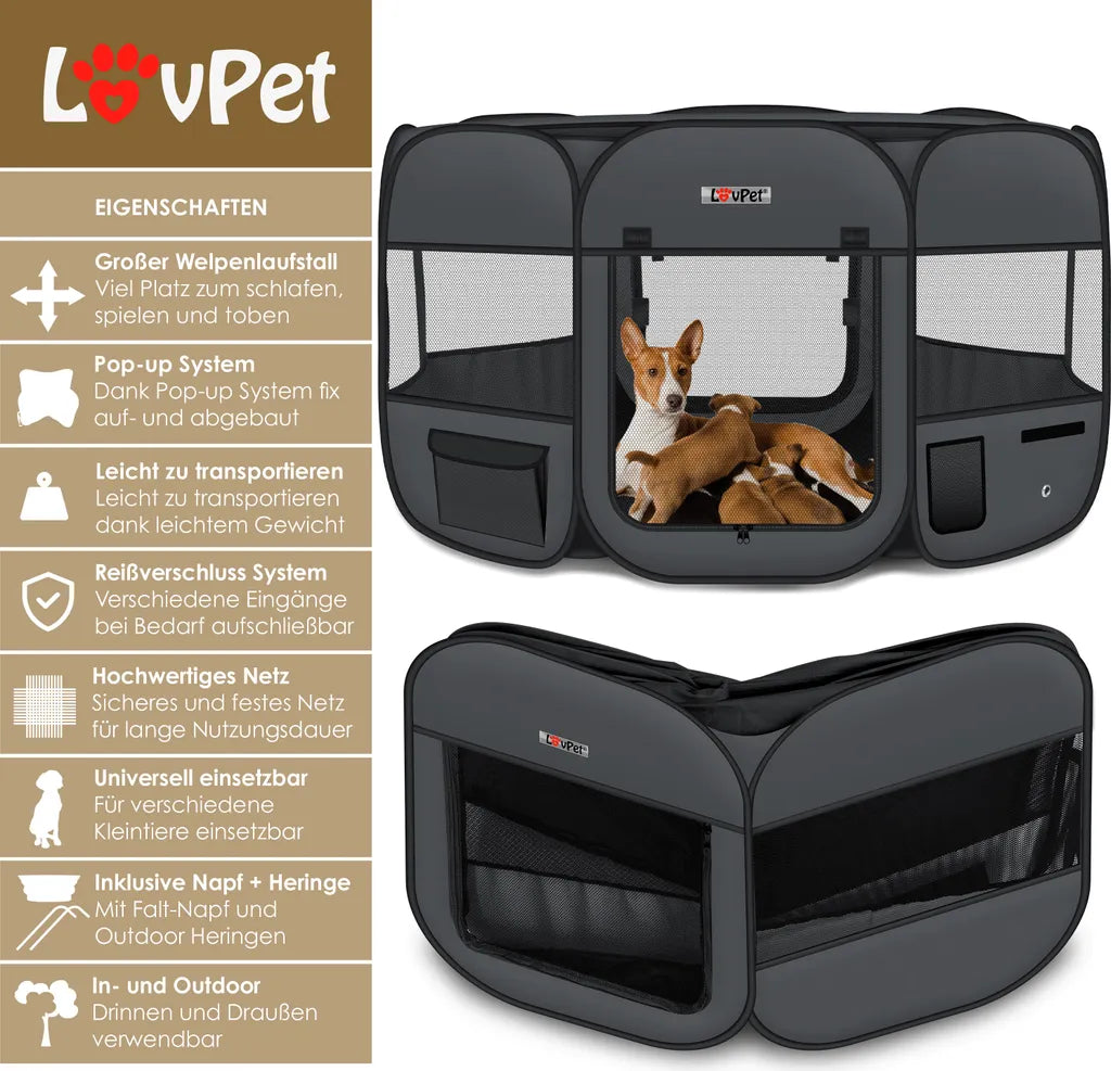  LOVPET® Welpenlaufstall Tierlaufstall Faltbar Für Kleintiere Hunde, Katzen Inkl. Hundenapf Hundelaufstall Freigehege Oxfordgewebe Pop-up System Indoor & Outdoor, Farbe:Anthrazit / Schwarz