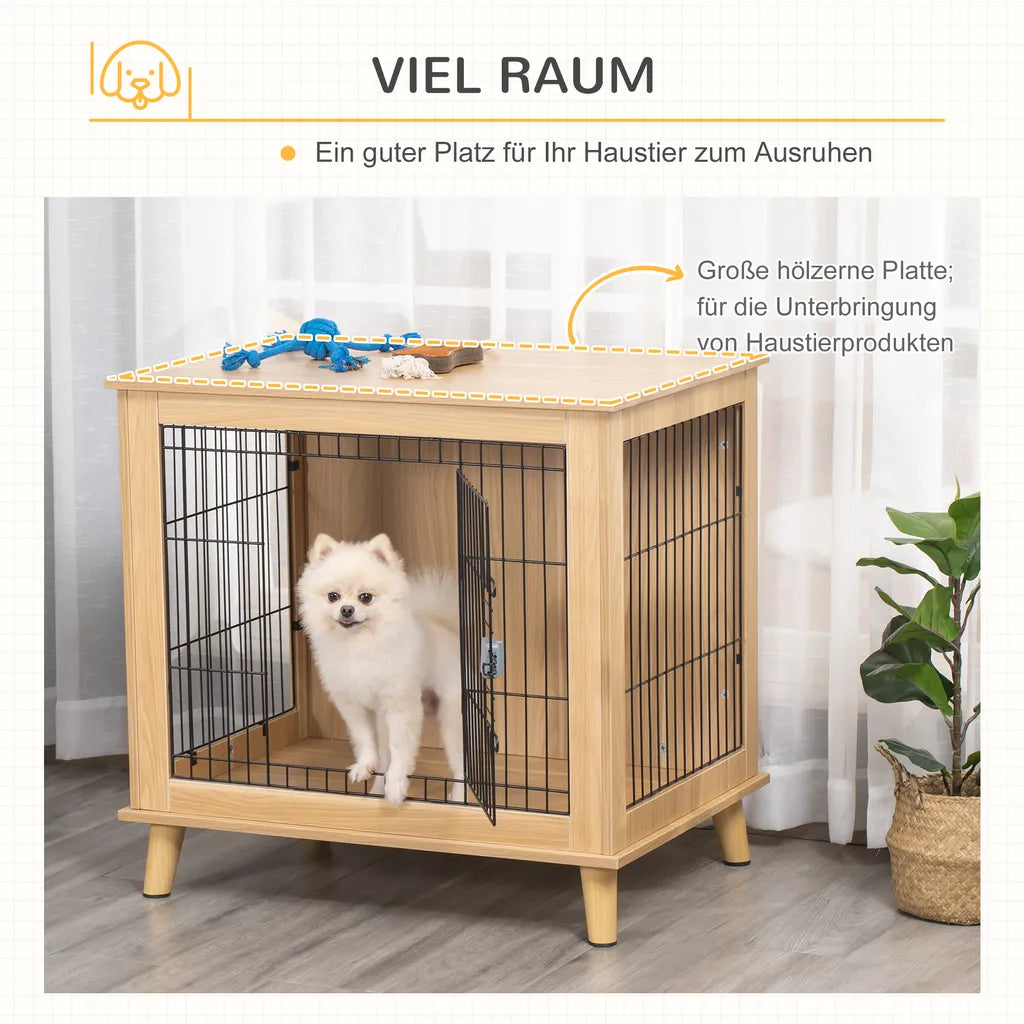  PawHut Hundekäfig Aus Holz Transportbox Mit Tischoberfläche Erhöhtes Design Hundebox Transportkäfig Innen Zuhause Tierkäfig Haustier Natur 81 X 58,5 X 76 Cm