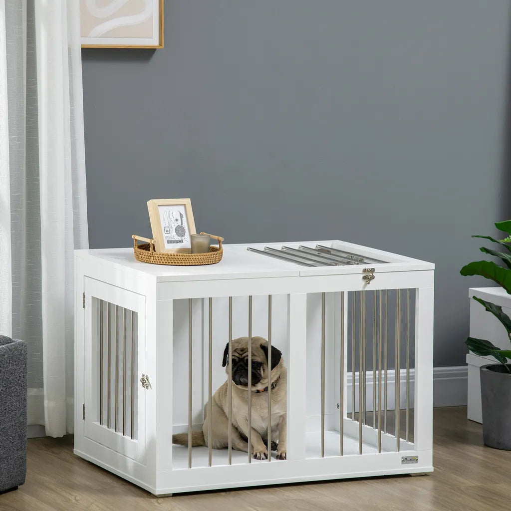  PawHut Hundekäfig, Hundehütte Mit Tischplatte, Haustierkäfig Für Mittelgroße Hunde, Hundebox Mit Türen, Hundehaus, Beistelltisch, Transportkäfig, Weiß, 80 X 50 X 56,5 Cm