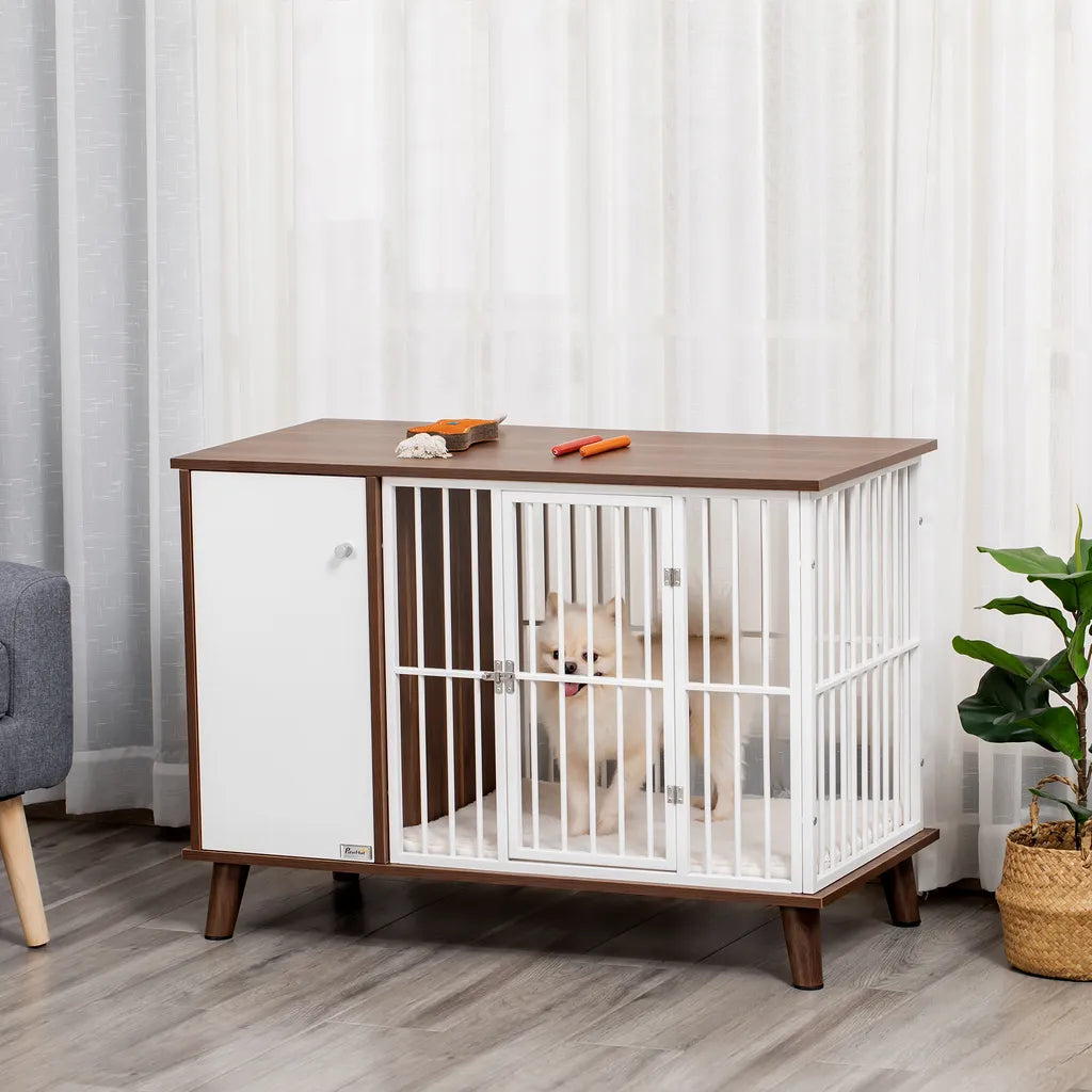 PawHut Hundekäfig Aus Holz Mit Schrank Kissen Tischoberfläche Erhöhtes Design Hundebox Für Mittelgroße Kleine Hunde Innen Zuhause Tierkäfig Haustier Stahl Braun 98 X 48 X 70,5 Cm