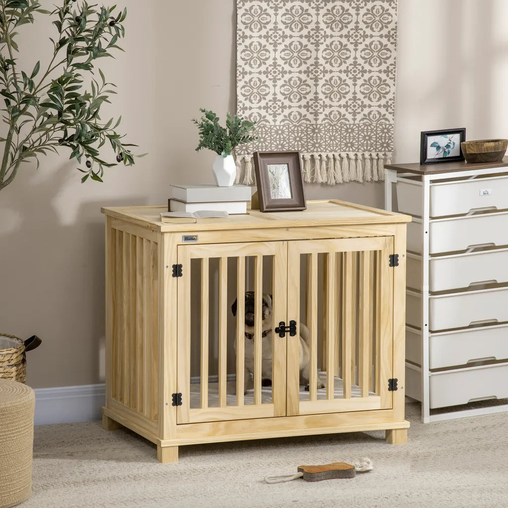  Pawhut Hundekäfig, Tierkäfig Aus Holz, Haustierkäfig Für Mittelgroße Hunde, Hundehütte Mit Kissen, Hundebox, Indoor, Naturholz+Cremeweiß, 82,5 X 57 X 72 Cm