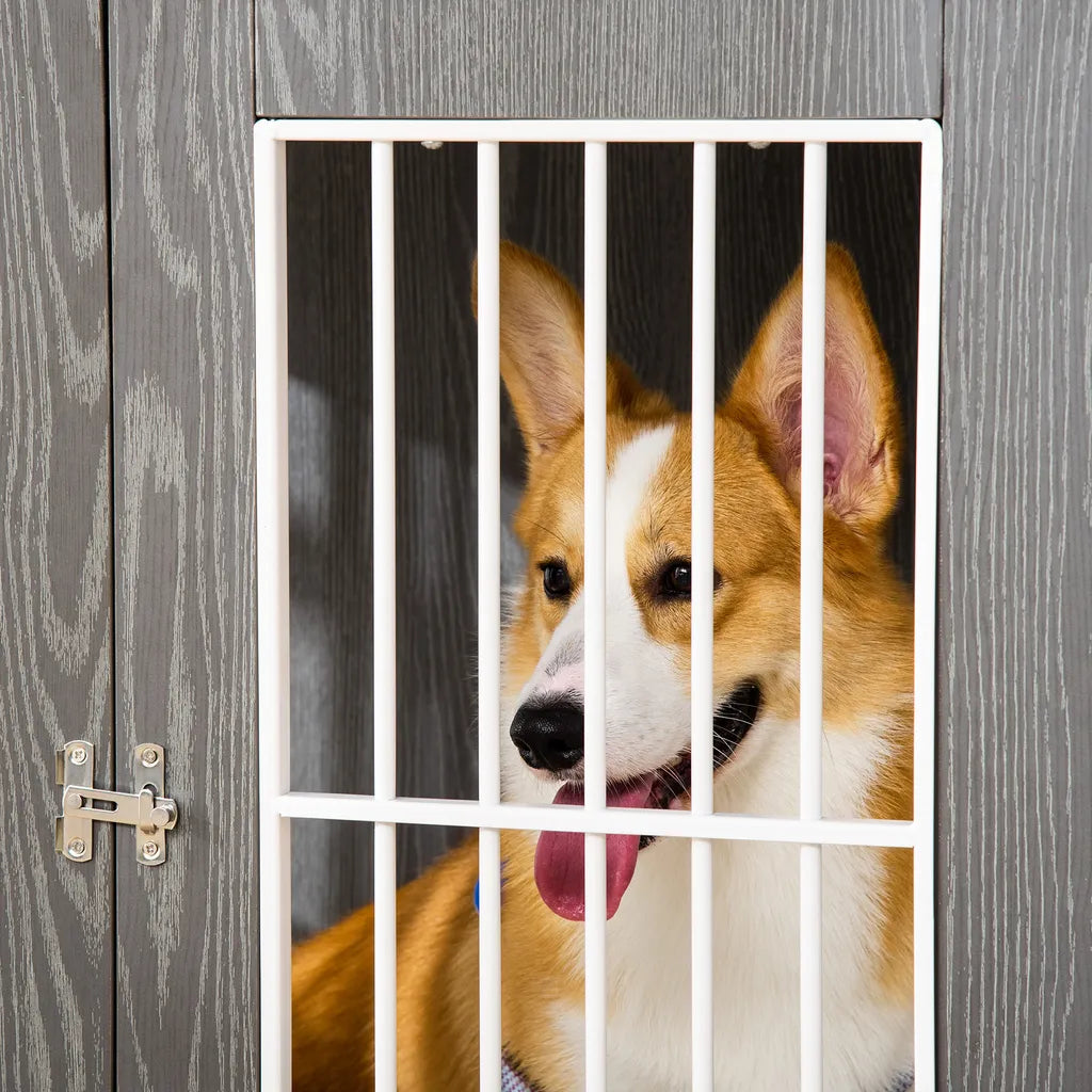  PawHut Hundekäfig Aus Holz Mit Tischoberfläche Schrank Kissen Erhöhtes Design Hundebox Hundehütte Hundekisten Für Mittelgroße Kleine Hunde Beistelltisch Design Innen Grau+Weiß 85 X 55 X 75 Cm