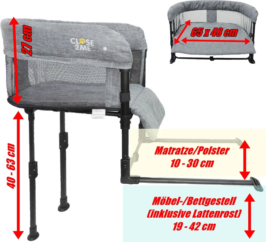  Close2Me HAPPY - Mittelgroßes Beistellbett Für Haustiere Bis 12 Kg, Inklusive Auflagepad Mit Kuschelrand