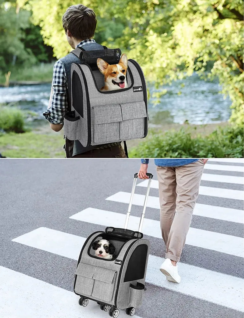  Pecute Pet Stroller 2 In 1 Hunde-Transportboxen,Hunderucksack Mit Trolley Abnehmbarer Faltbarer Hundetrolley Mit Fensterbis 15 Kg,Grau