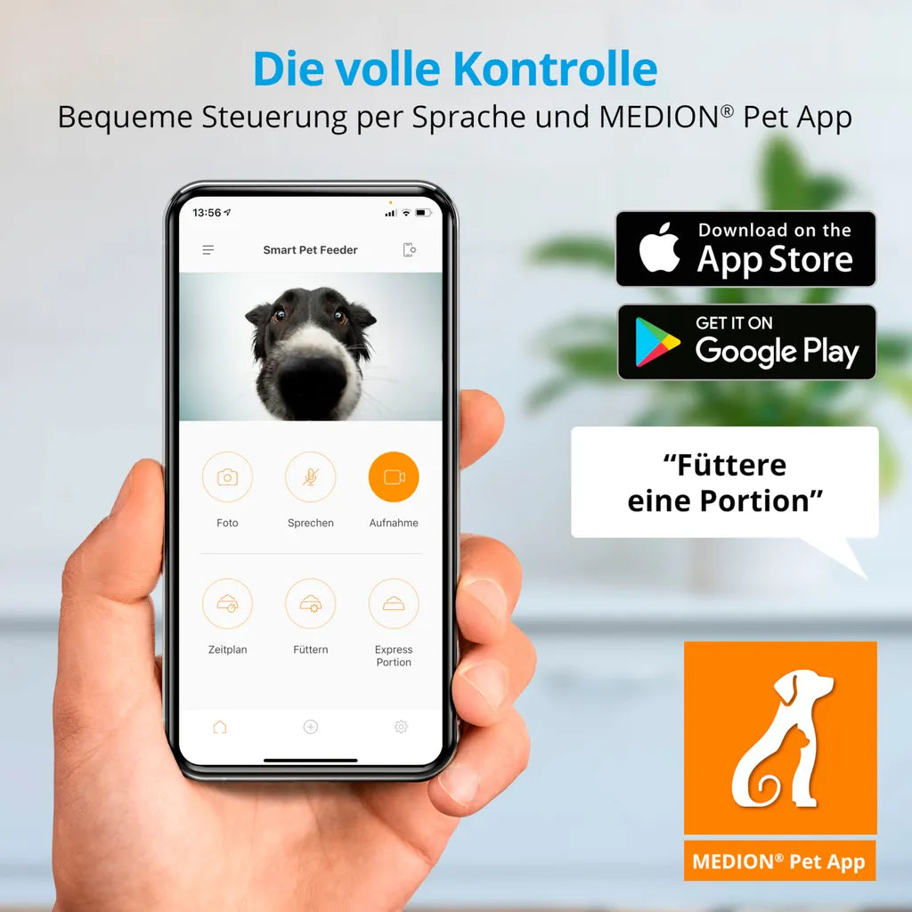  MEDION Smarter Futterautomat (Futterspender Für Hunde Und Katzen, Trockenfutter, Fütterungszeiten, Portionenanzahl, Steuerung Per App, HD-Video Kamera, MD60228)