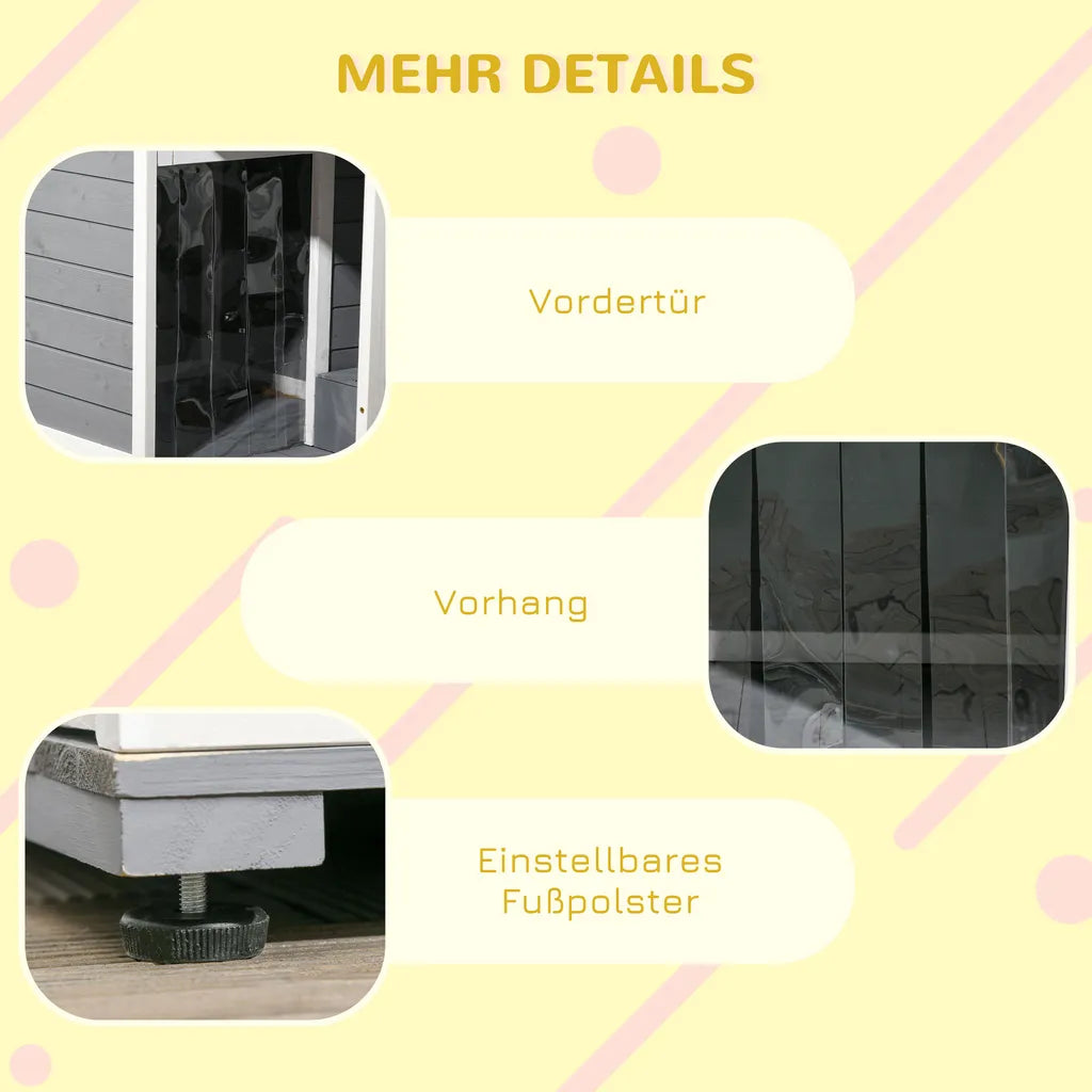  PawHut Hundehütte, Tannenholz, Hundehaus Mit 2 Schüsseln Und Terrasse, Kleintierhaus Für Kleine Hunde Mit Asphaltdach, Erhöhtes Design, Outdoor, Wetterbeständig, Grau, 103 X 62 X 60-66 Cm
