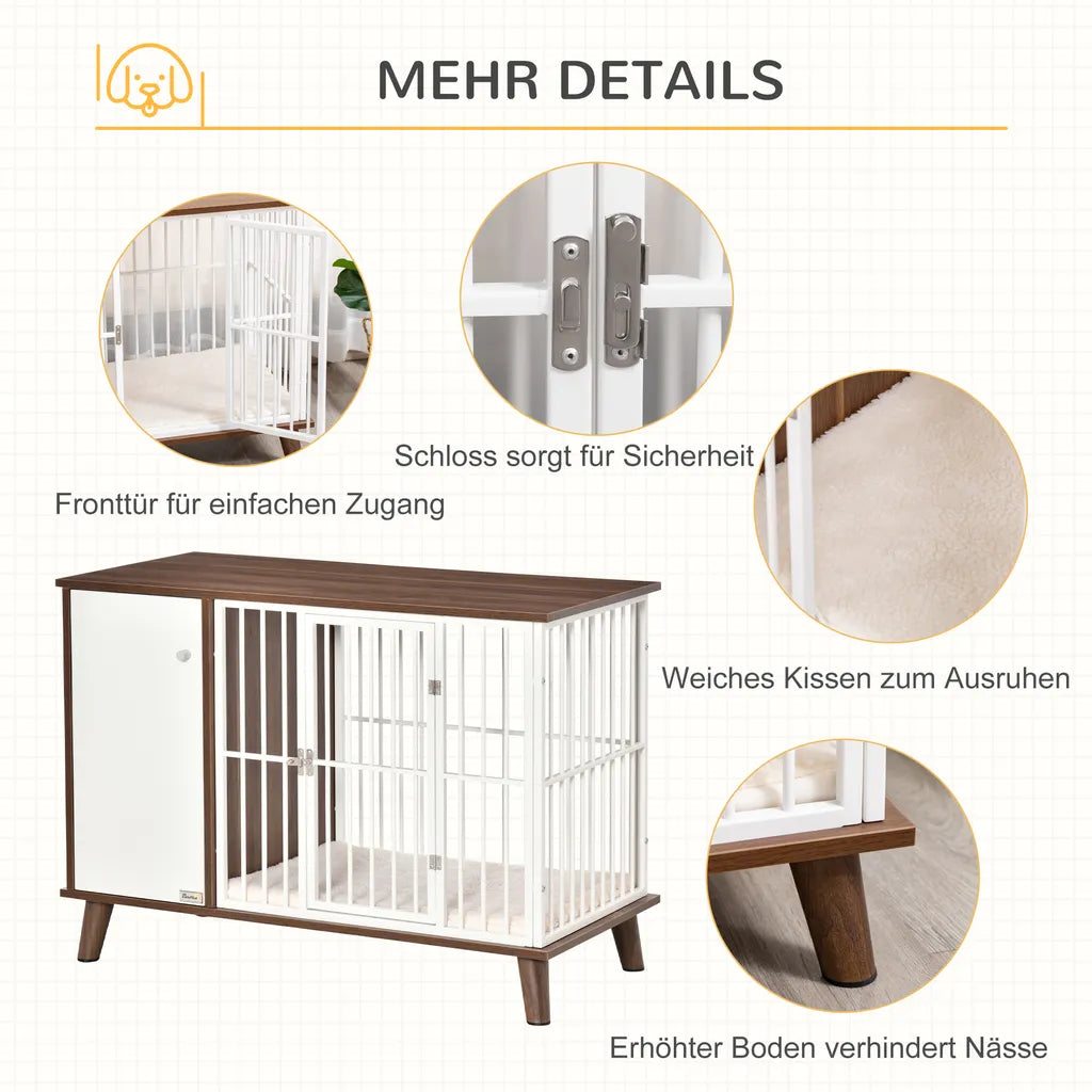  PawHut Hundekäfig Aus Holz Mit Schrank Kissen Tischoberfläche Erhöhtes Design Hundebox Für Mittelgroße Kleine Hunde Innen Zuhause Tierkäfig Haustier Stahl Braun 98 X 48 X 70,5 Cm