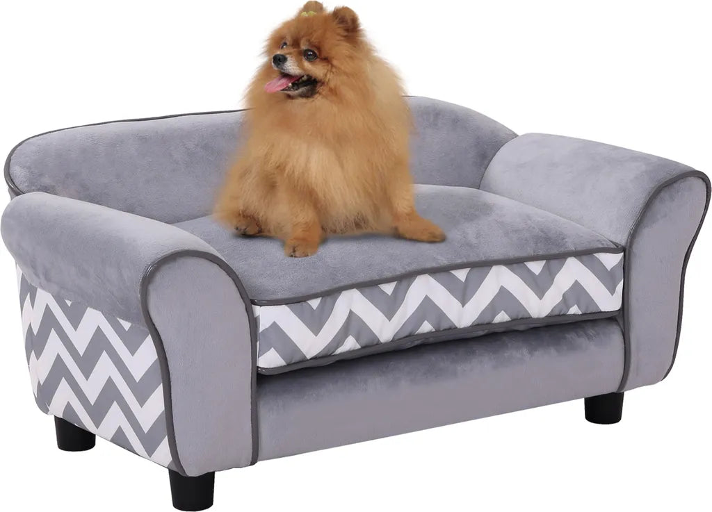  PawHut Hundesofa, Haustiersofa Mit Erhöhten Füßen, Hundecouch, Hundeliege Mit Kissen, Hundebett, Katzensofa, Waschbar, Samt, Grau, 73,5 X 41 X 33 Cm