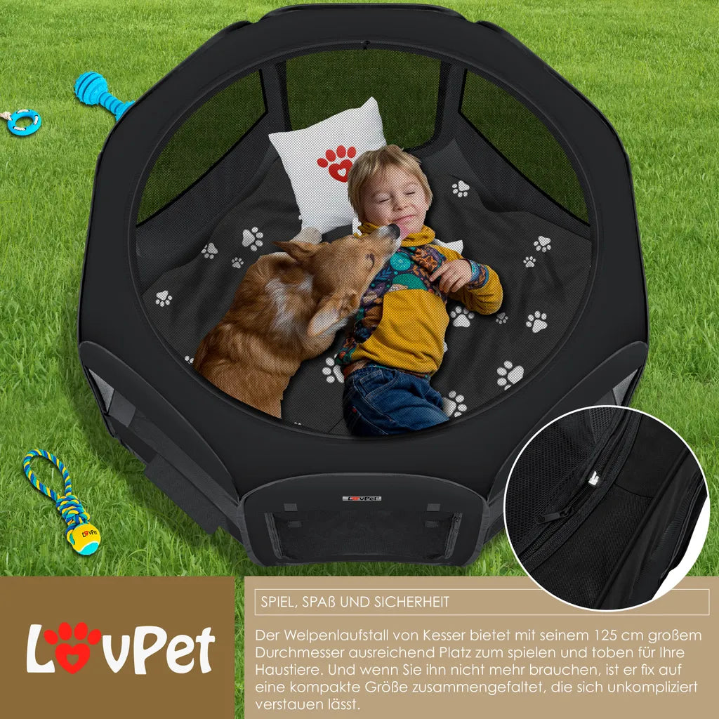  LOVPET® Welpenlaufstall Tierlaufstall Faltbar Für Kleintiere Hunde, Katzen Inkl. Hundenapf Hundelaufstall Freigehege Oxfordgewebe Pop-up System Indoor & Outdoor, Farbe:Schwarz