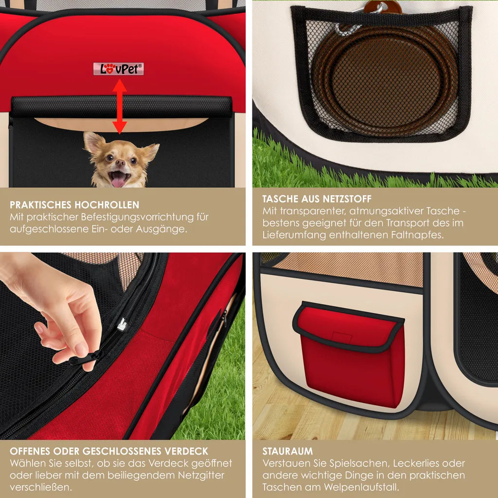  LOVPET® Welpenlaufstall Tierlaufstall Faltbar Für Kleintiere Hunde, Katzen Inkl. Hundenapf Hundelaufstall Freigehege Oxfordgewebe Pop-up System Indoor & Outdoor, Farbe:Rot / Beige