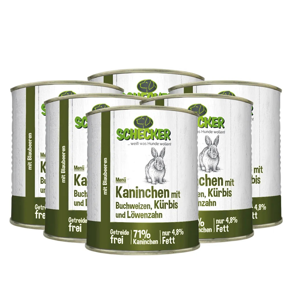  6x820g - Schecker Nassfutter Hundemenü Kaninchen Mit Buchweizen, Kürbis Und Löwenzahn