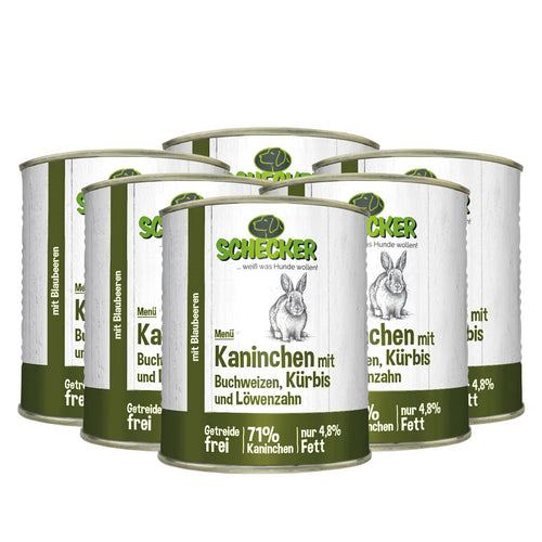  6x820g - Schecker Nassfutter Hundemenü Kaninchen Mit Buchweizen, Kürbis Und Löwenzahn