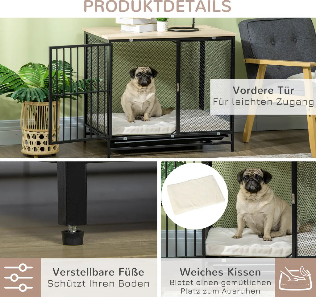  PawHut Hundekäfig, Hundehaus Mit Tischplatte, Haustierkäfig, Hundehütte Mit Kissen, Ausziehbarer Bodenwanne, Hundebox Für Mittelgroße Hunde, Tierkäfig, Indoor, Eiche+Schwarz, 80 X 55 X 71 Cm