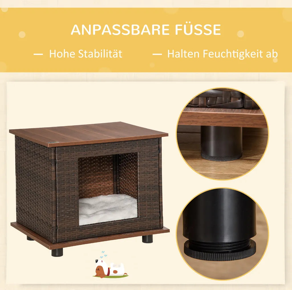 PawHut Rattan Hundehütte Hundehaus Mit Kissen Hundehöhle Hundematratze Haustierbett Für Drinnen Und Draußen Spanplatte Braun 60 X 44 X 51,5 Cm