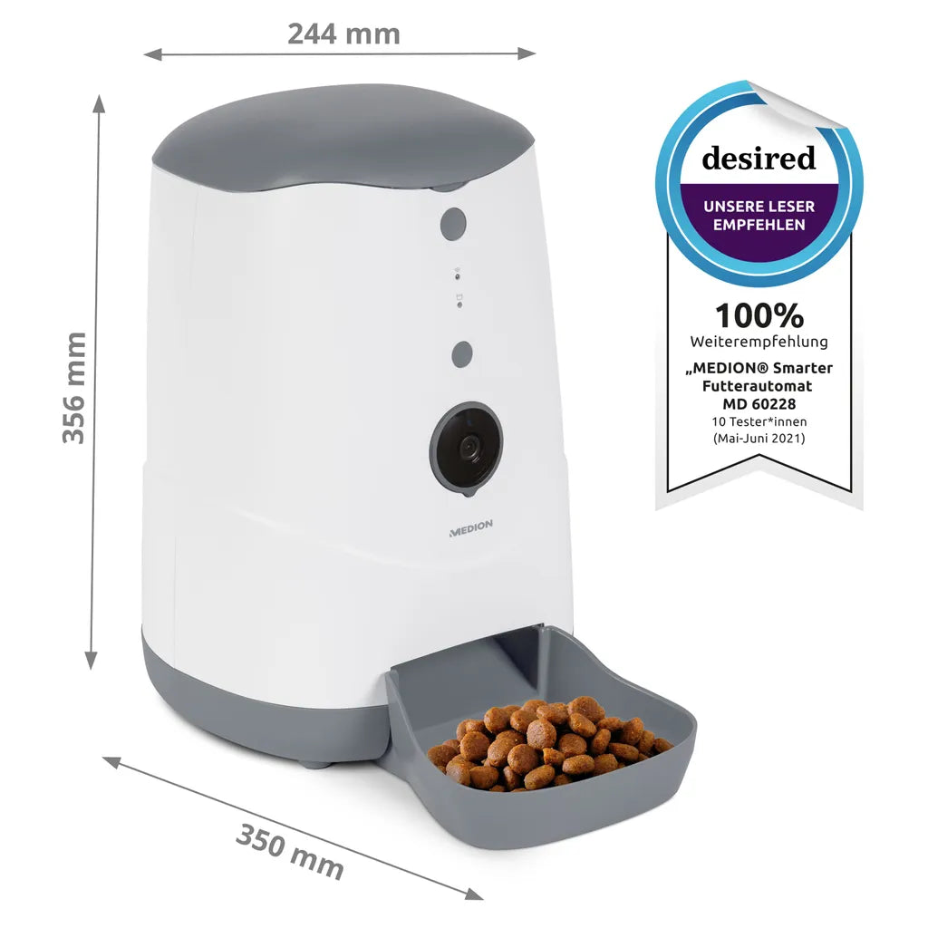  MEDION Smarter Futterautomat (Futterspender Für Hunde Und Katzen, Trockenfutter, Fütterungszeiten, Portionenanzahl, Steuerung Per App, HD-Video Kamera, MD60228)