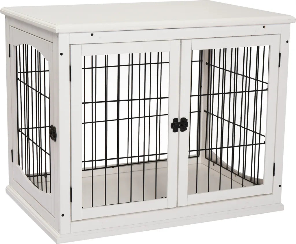  PawHut Hundehütte Hundehaus Transportbox Mit Tischoberfläche Kleintierkäfig Für Innen Hundebox Tierkäfig Haustier MDF Metall Weiß 81 X 58,5 X 66 Cm