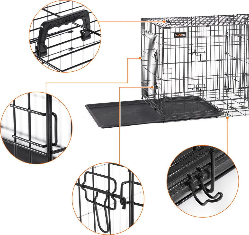  FEANDREA Hundebox Mit 2 Türen 122 X 74,5 X 80,5 Cm Hundekäfig Zusammenklappbar Schwarz PPD48BK