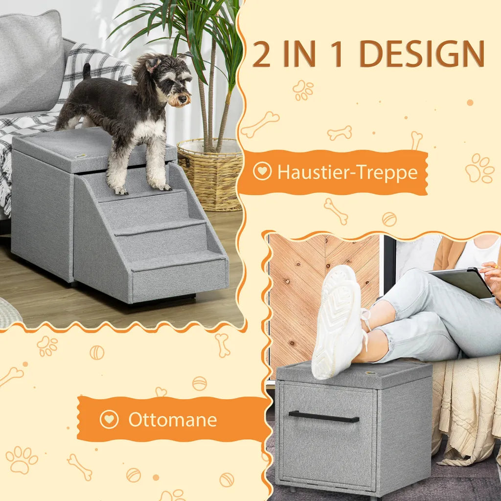  PawHut Hundetreppe 2 In 1, 4 Stufige Katzentreppe, Haustiertreppe Mit Stauraum, Hocker, Tiertreppe, Haustierrampe, Für Sofa, Bett, Polyester, Hellgrau, 84 X 45 X 49 Cm