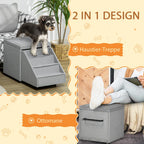  PawHut Hundetreppe 2 In 1, 4 Stufige Katzentreppe, Haustiertreppe Mit Stauraum, Hocker, Tiertreppe, Haustierrampe, Für Sofa, Bett, Polyester, Hellgrau, 84 X 45 X 49 Cm