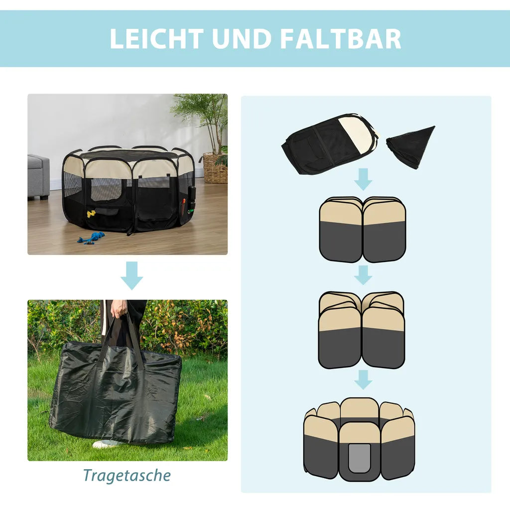  PawHut Welpenlaufstall Tierlaufstall Faltbarer Welpenauslauf Freigehege Laufstall Aus Oxfordstoff Für Kleine Hunde Und Katzen Wasserdicht Tragbar Cremeweiß+Schwarz 118 X 118 X 62 Cm