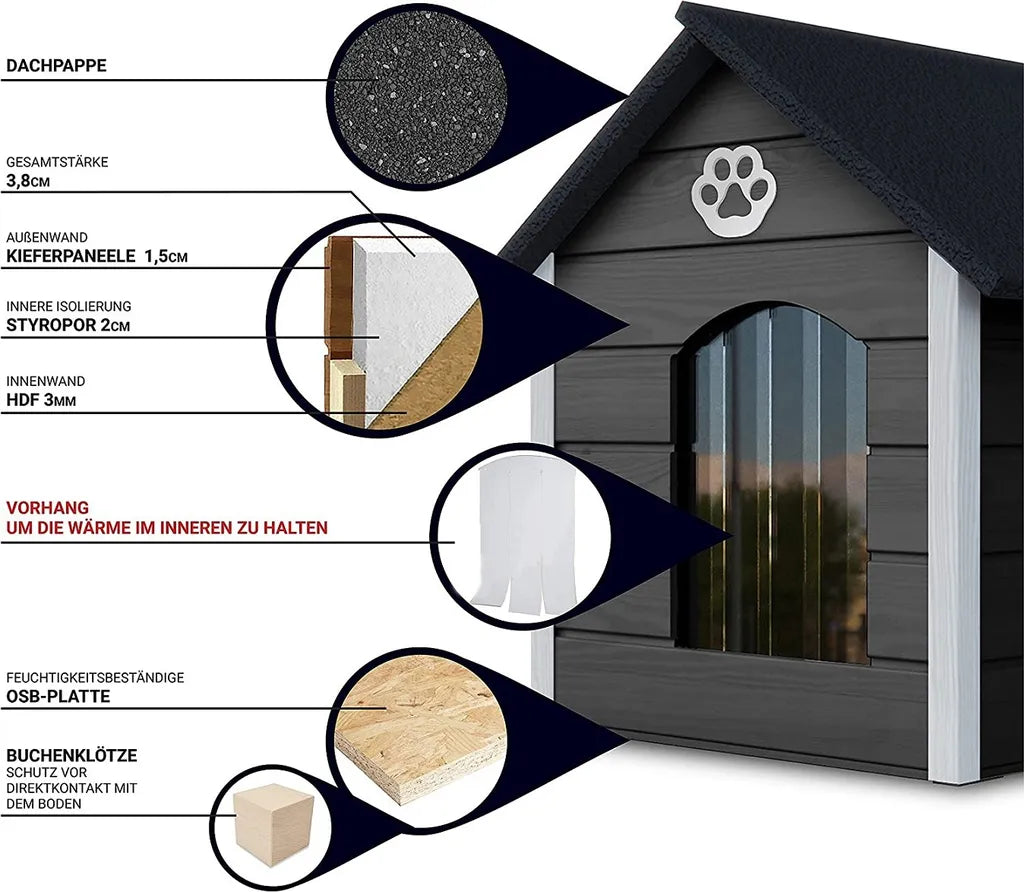  Outentin Hundehütte Outdoor Winterfest Isoliert - Gemütliches Und Stilvolles Hundehaus XXL - Hundezwinger Draußen Für Große Hunde - Wasserdicht Hundehöhle - 104 X 90 X 74 Cm (Grau - Weiß)