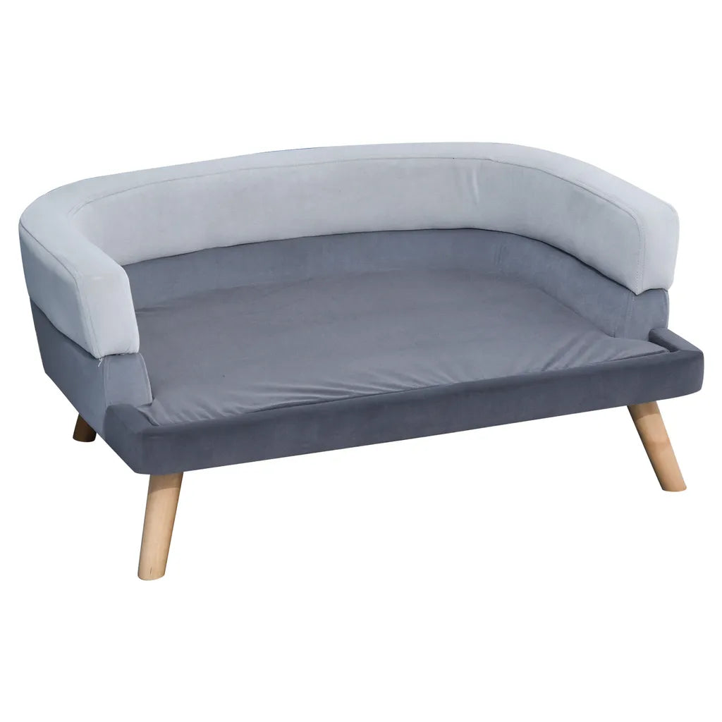  PawHut Hundesofa Mit Rückenlehne, Haustiersofa Mit Holzbeinen, Hundebett Weichem Bezug Katzensofa Grau 86,5x 61x36 Cm