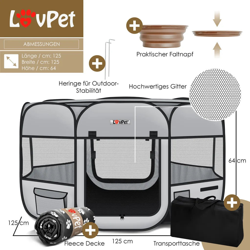  LOVPET® Welpenlaufstall Tierlaufstall Faltbar Für Kleintiere Hunde, Katzen Inkl. Hundenapf Hundelaufstall Freigehege Oxfordgewebe Pop-up System Indoor & Outdoor, Farbe:Hellgrau / Schwarz