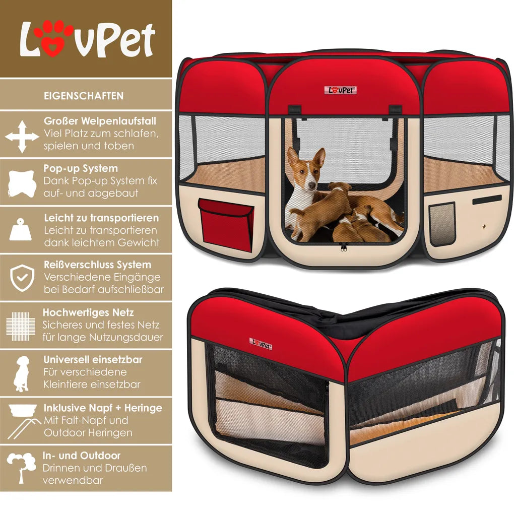  LOVPET® Welpenlaufstall Tierlaufstall Faltbar Für Kleintiere Hunde, Katzen Inkl. Hundenapf Hundelaufstall Freigehege Oxfordgewebe Pop-up System Indoor & Outdoor, Farbe:Rot / Beige