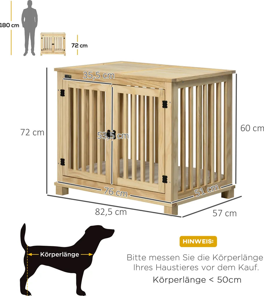  Pawhut Hundekäfig, Tierkäfig Aus Holz, Haustierkäfig Für Mittelgroße Hunde, Hundehütte Mit Kissen, Hundebox, Indoor, Naturholz+Cremeweiß, 82,5 X 57 X 72 Cm