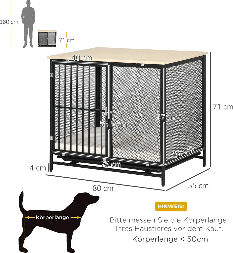  PawHut Hundekäfig, Hundehaus Mit Tischplatte, Haustierkäfig, Hundehütte Mit Kissen, Ausziehbarer Bodenwanne, Hundebox Für Mittelgroße Hunde, Tierkäfig, Indoor, Eiche+Schwarz, 80 X 55 X 71 Cm