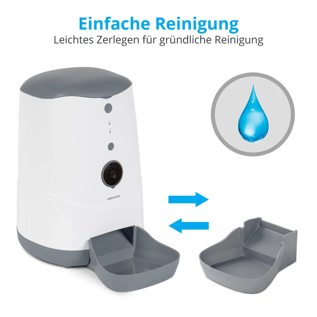  MEDION Smarter Futterautomat (Futterspender Für Hunde Und Katzen, Trockenfutter, Fütterungszeiten, Portionenanzahl, Steuerung Per App, HD-Video Kamera, MD60228)