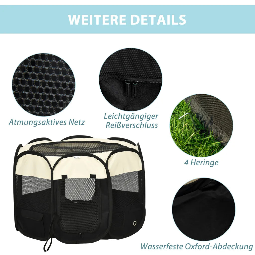  PawHut Welpenlaufstall Tierlaufstall Faltbarer Welpenauslauf Freigehege Laufstall Aus Oxfordstoff Für Kleine Hunde Und Katzen Wasserdicht Tragbar Cremeweiß+Schwarz 92 X 92 X 58 Cm