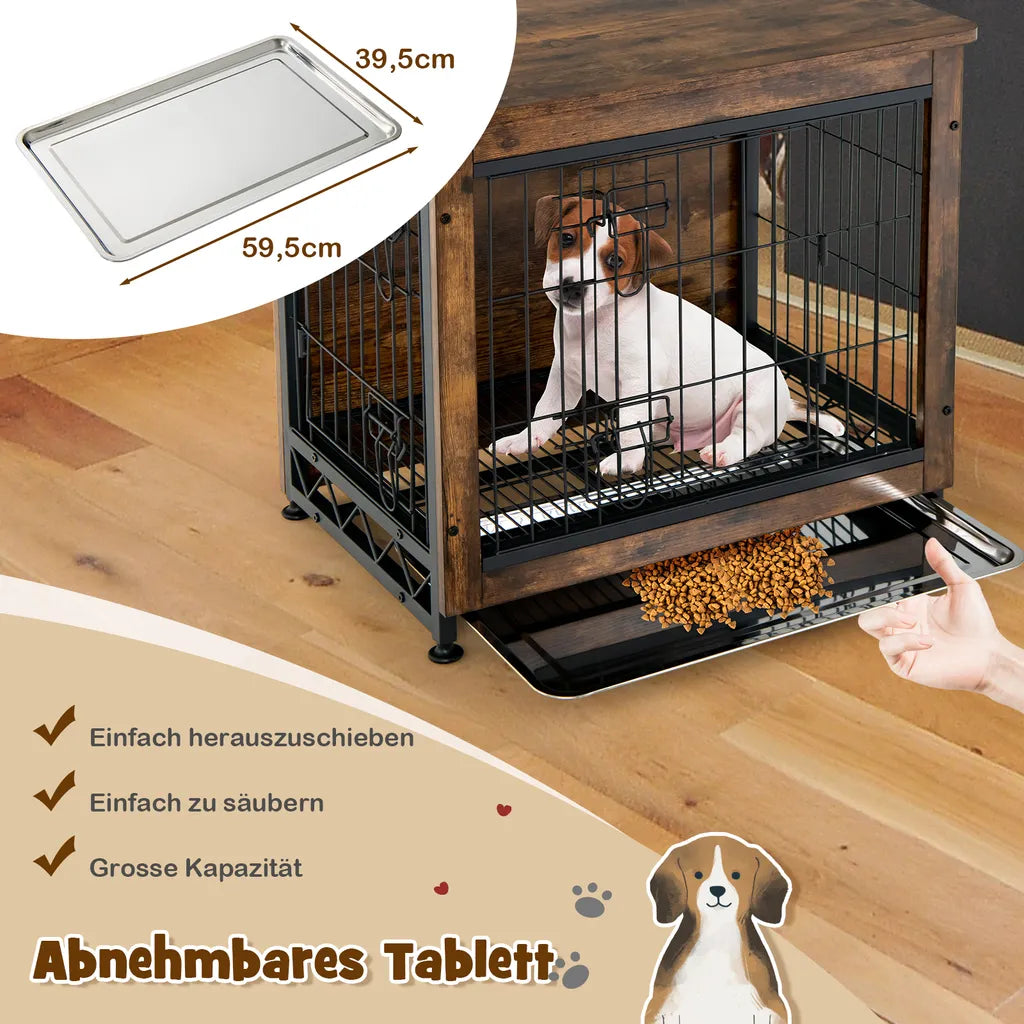  COSTWAY Hundekäfig Mit Doppeltüren, Hundebox 69x47x61cm Inkl. Herausnehmbares Tablett & Gittertüren, Haustierkäfig, Beistelltisch, Braun