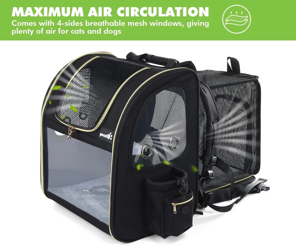  Pecute Hundetransportboxen Haustier Rucksack Hunderucksack Bis 5kg,mit Transparentes Fenster Schwarz,Erweiterbar Faltbar, Für Hunde Katzen Haustiere(34 * 27 * 42cm)