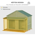  Pawhut Hundehütte Aus Massivholz Isoliertes Hundehaus Mit 2 Räume Asphaltdach Outdoor Hütte Mit Terrasse Gelb+Grün 127 X 110 X 109 Cm