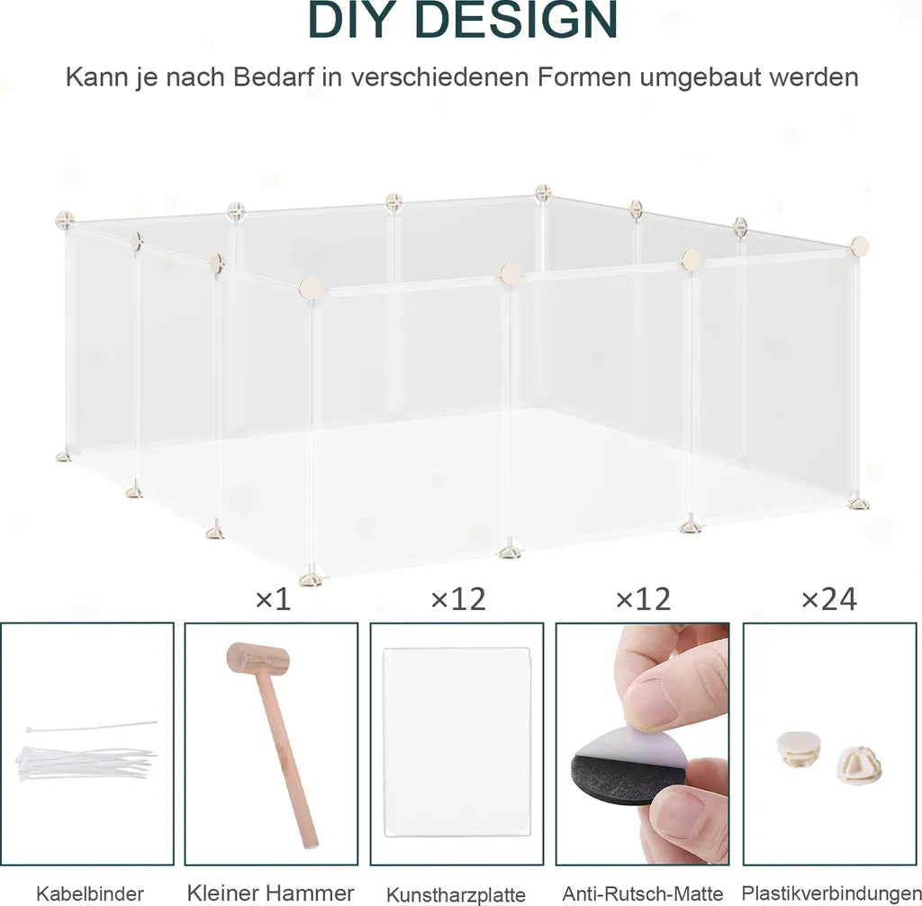  PawHut Freilaufgehege Laufgitter DIY Freigehege Gittergehege Absperrgitter Kleine Haustiere Laufstall Für Innen 12 Platten Weiß Metall PP-Harz 105 X 105 X 45 Cm