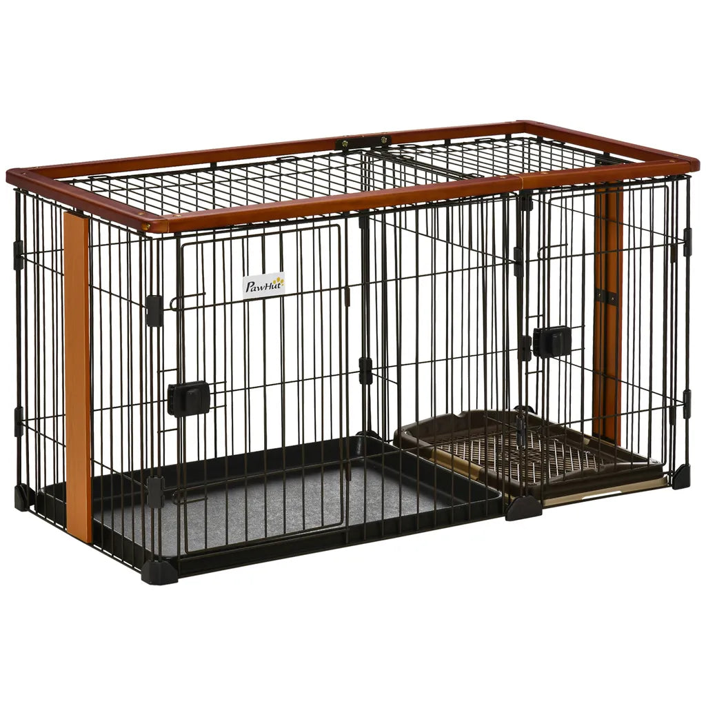  PawHut Hundekäfig Mit Toilette Tablett Hundebox Mit 2 Türen Für Kleine Hunde Tierkäfig Innen Zuhause Stahl Kaffee 111 X 54 X 61 Cm