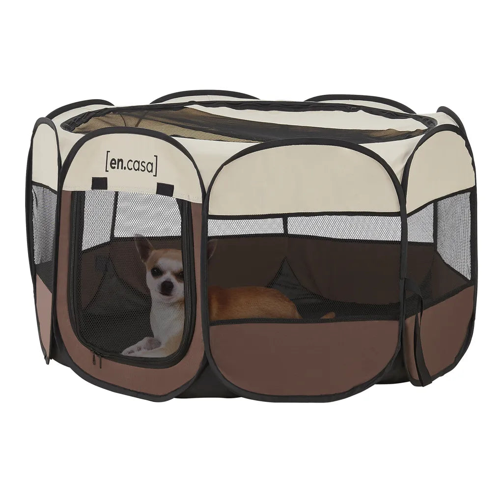  Hundelaufstall Telford 58 X 114 X 114 Cm Tierlaufstall Für Innen- Und Außenbereich Welpenlaufstall Hundehütte Braun / Cremefarben