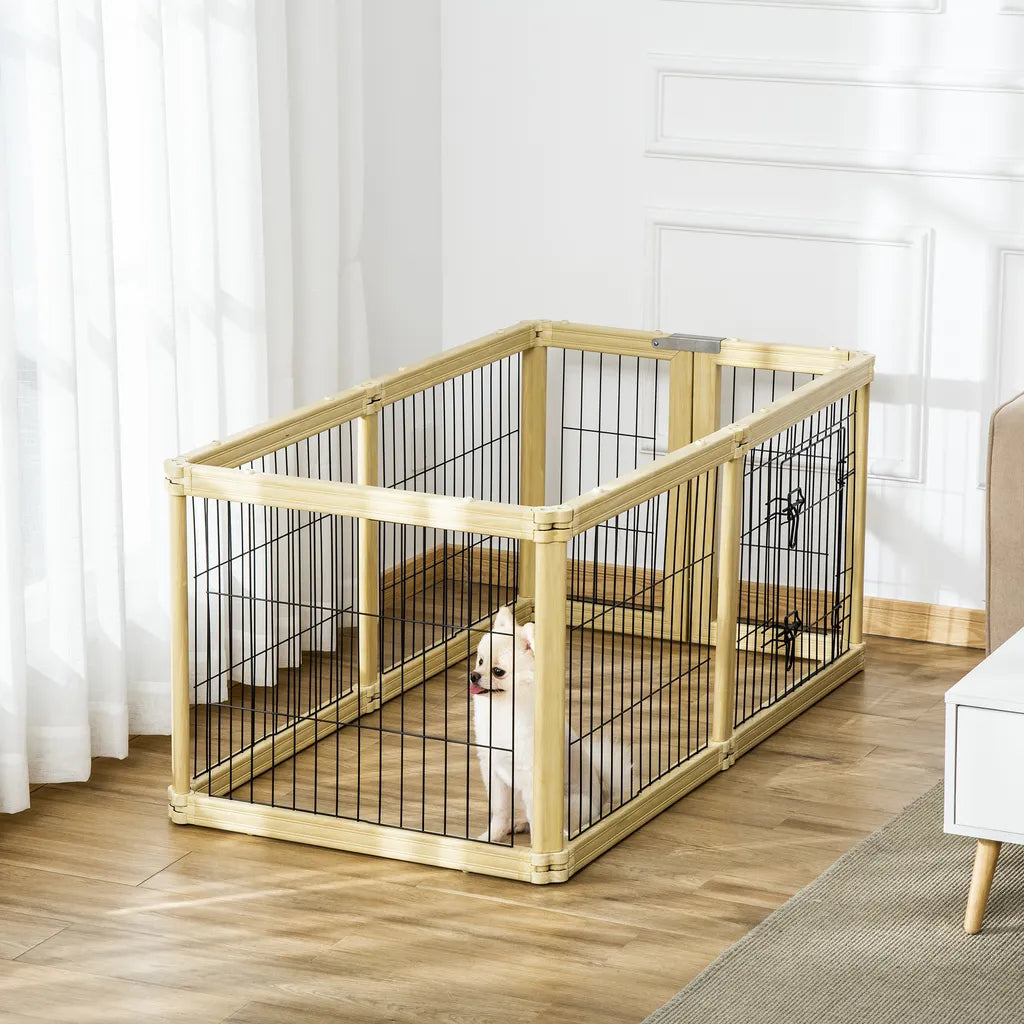  Pawhut Freigehege 6 Stücke Schutzgitter DIY-Laufstall Welpenauslauf Freilaufgehege Mit Tür Für Kleine Hunde Klappbar Naturholz 420 X 62 Cm